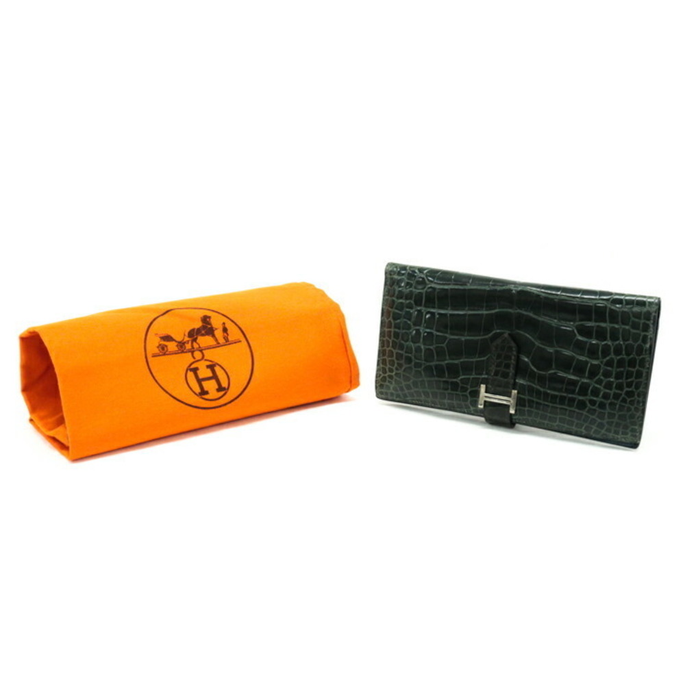 HERMES Bearn Alligator Leather Exotic Long Wallet Bifold H Crocodile Green